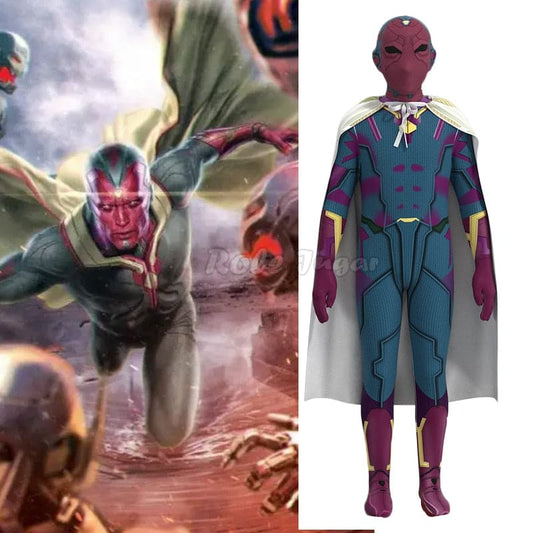 Superhero Vision Cosplay Costume Victor Shade Outfit Bodysuit with Cape Wanda Vision Cosplay Halloween Outfit for Audlt Men Kids