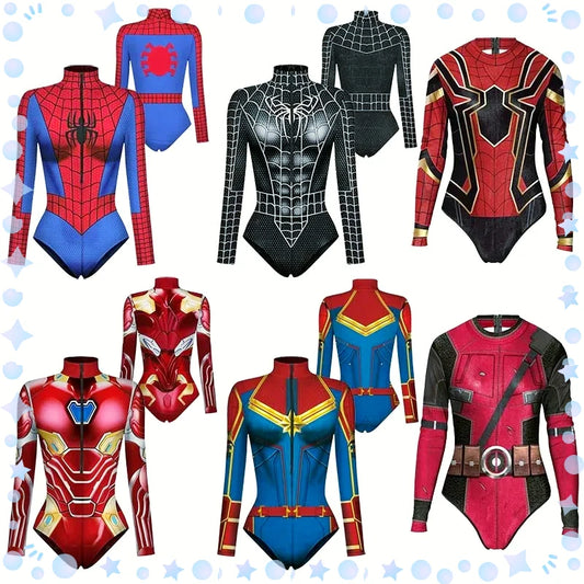 2024 New Superhero Bodysuit for Women Men Spiderman Iron Man Cosplay 3D Print Long Sleeve Swimsuit Adult Carnival Costume