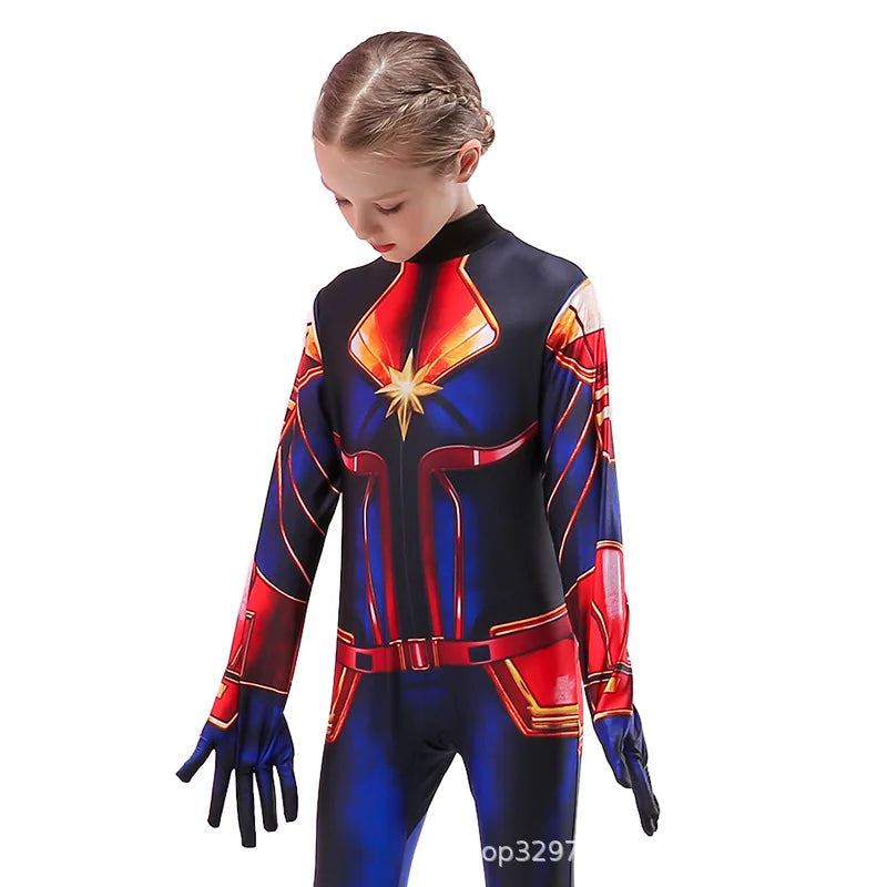 Superhero Captain Marvel Cosplay Costume Movie The Avengers Cosplay Bodysuit Jumpsuit Halloween Costume for Kids Adult