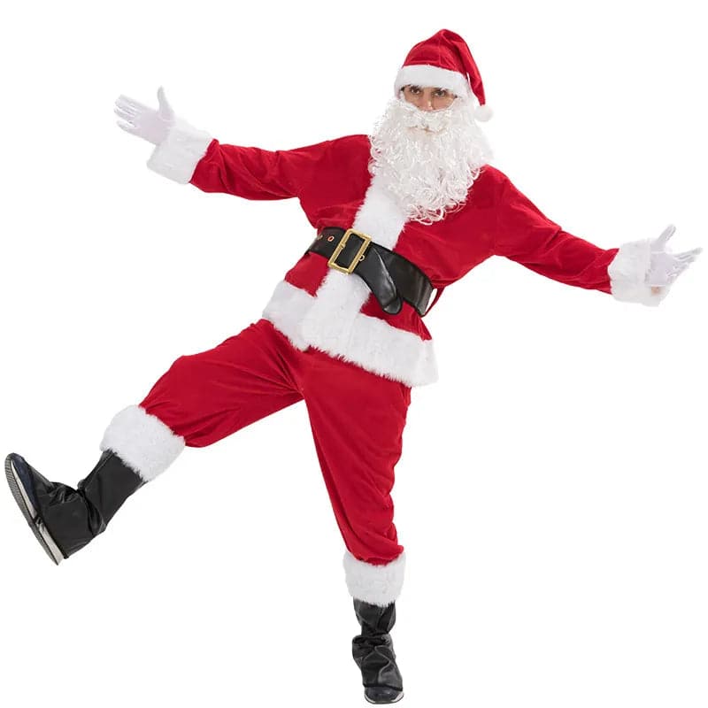 7PCS Santa Claus Costume Christmas Complete Dress-Up Outfit For Adult Santa Suit With Hat Men Cosplay Costumes