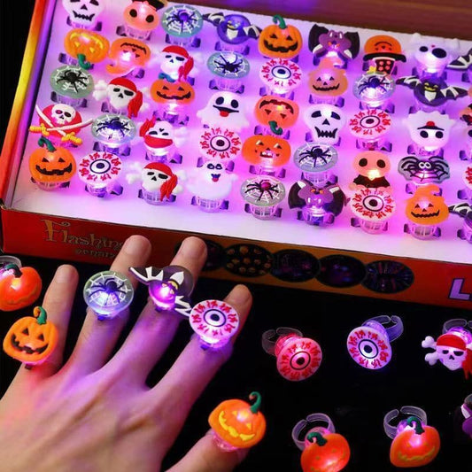 50PCS/Box Halloween Ring LED Light Glowing Pumpkin Ghost Skull Rings Horror Props Supplies Child Kids Halloween Party Decoration