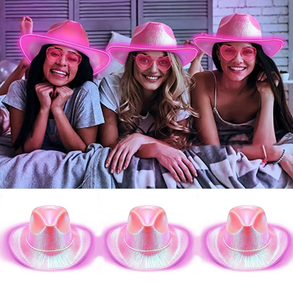 Bright Colors Cowboy Hat Wide Brim Hemming Windproof Rope Halloween Holographic LED Light Jazz Hat Fashion Accessories