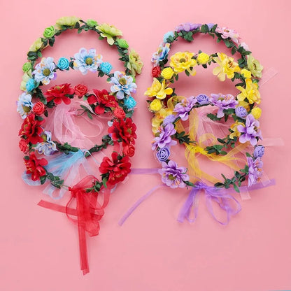 Adjustable Ribbon Flowers Leaves Headbands Girls Floral Wreath Rose Flower Crown Bridal Halo Headpiece Bohemia Garland