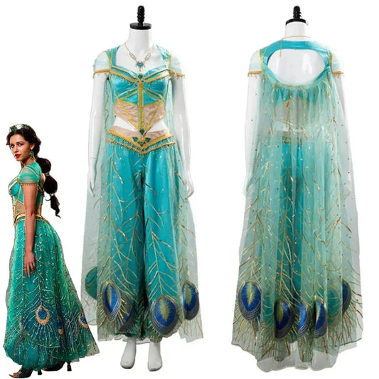 The Movie Aladdin Cosplay Princess Cosplay Jasmine Naomi Scott Green Blue Dress Costume Adult Women Female Halloween Carnival