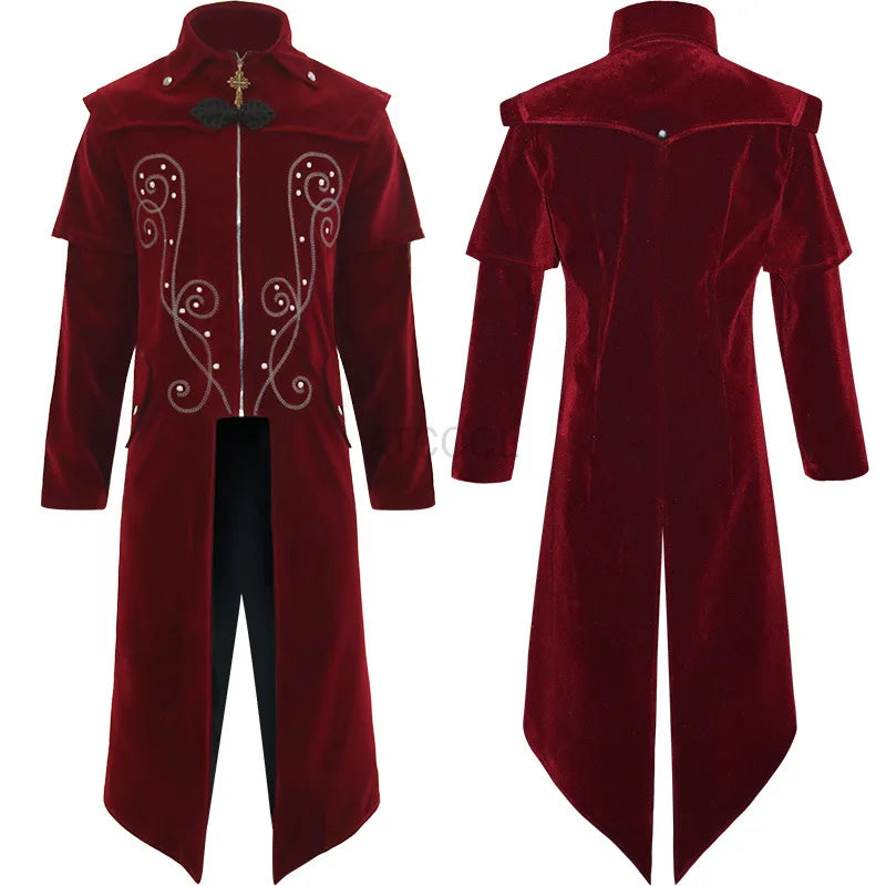 Adult Medieval Detective Cosplay Costume Wine Red Vampire Medieval Trenchcoat Renaissance Noble Steampunk Jacket