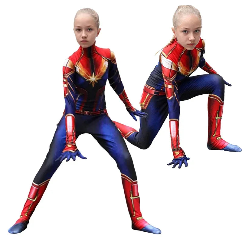 Superhero Captain Marvel Cosplay Costume Movie The Avengers Cosplay Bodysuit Jumpsuit Halloween Costume for Kids Adult