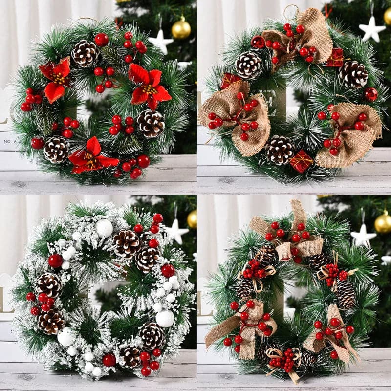 30*30cm Christmas Wreath, Artificial Red Berries Pine Cones Hanging Xmas Garland Ornament For Wall Window Door Christmas Pendant