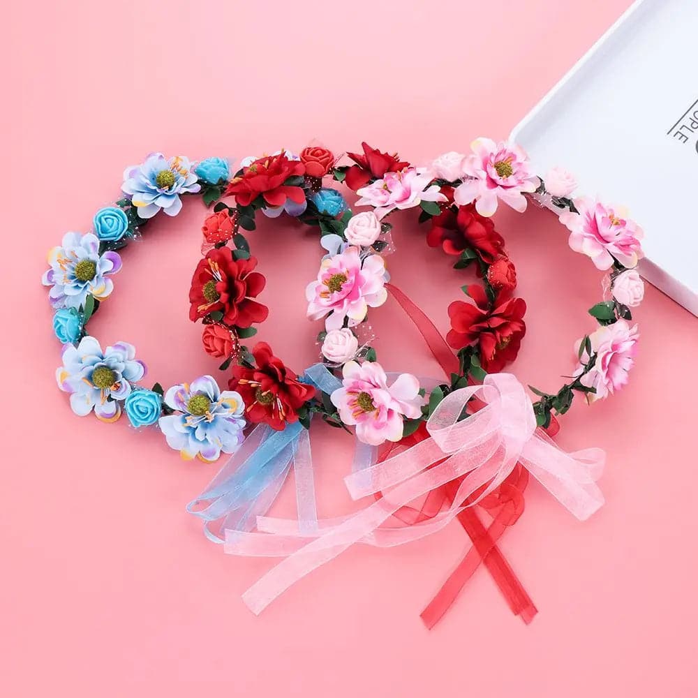 Adjustable Ribbon Flowers Leaves Headbands Girls Floral Wreath Rose Flower Crown Bridal Halo Headpiece Bohemia Garland