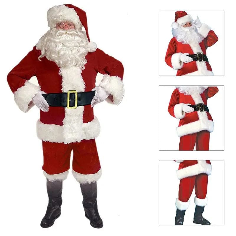 Santa Claus Costume 7PCS Christmas Complete Dress-Up Outfit For Adult Holiday Complete Santa Suit With Belt Shoe Covers