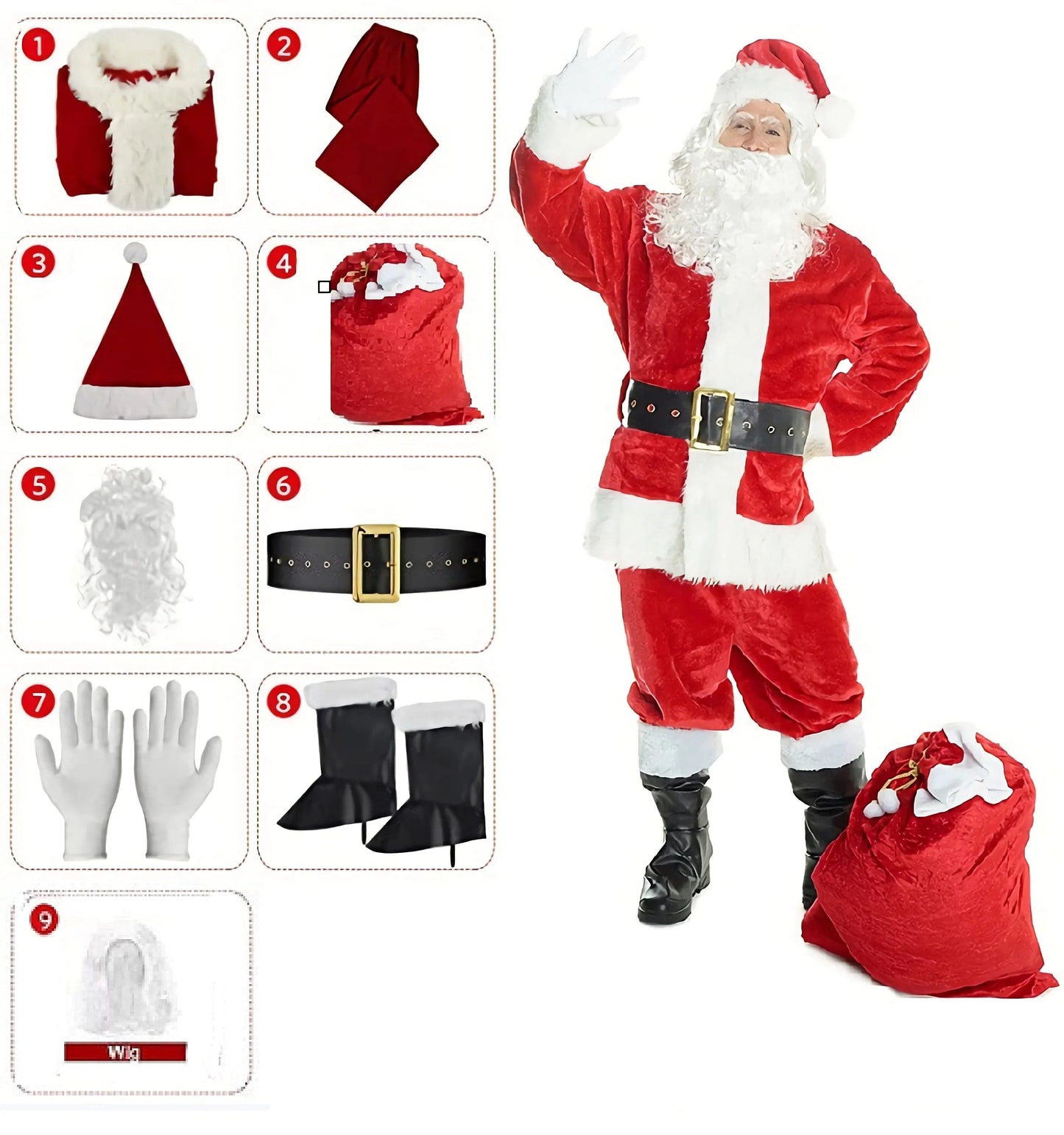 Red Deluxe velvet 9-piece Christmas Party Men Children Family Costume Santa Claus Costume Adult Christmas cosplay costume