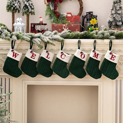 Navidad Natal 2024 Christmas Socks Green Xmas Tree Ornament Gift Knitting Snowflake Letter Stocking Christmas Decoration