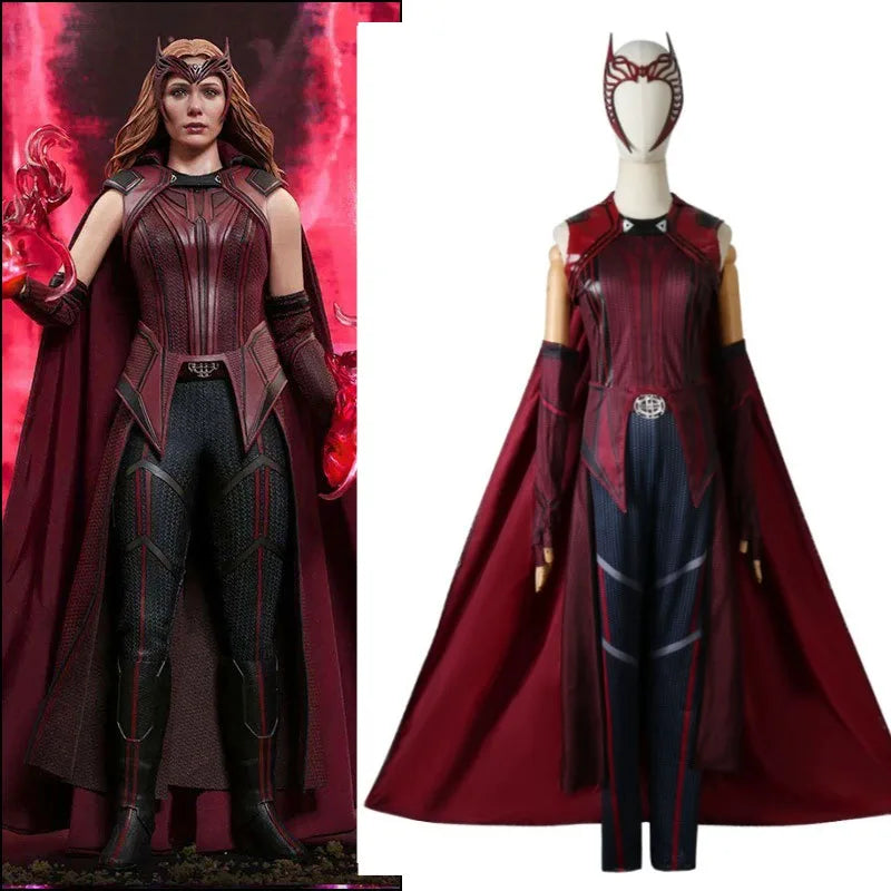 Wanda Maximoff Costume Cosplay Outfit Halloween Women Superhero Dress Up Scarlet Witch Headwear Cloak Pants Red Suit Full Set