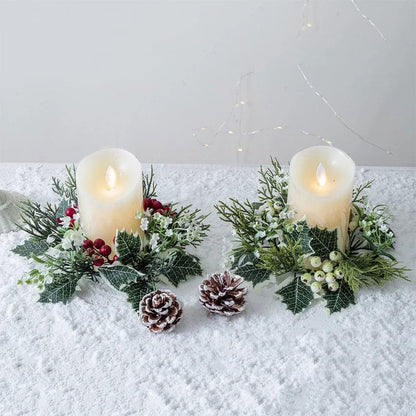 Christmas Candle Garland Candlestick Wreath Artificial Cherry Pinecone Candle Holder Fake Leaves Xmas New Year Home Table Decor