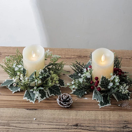 Christmas Candle Garland Candlestick Wreath Artificial Cherry Pinecone Candle Holder Fake Leaves Xmas New Year Home Table Decor