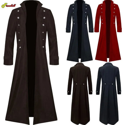 Men Vintage Medieval Costumes Steampunk Gothic Black Long Jacket Coat Vampire Cosplay Pirate Halloween Outfit Men's Trenchcoat