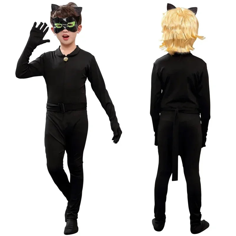 Kids Anime Black Boys Cat Costume with Mask Carnival Party Stage Performance Clothing for Children