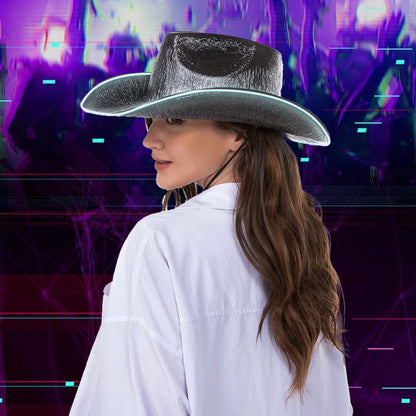 Bright Colors Cowboy Hat Wide Brim Hemming Windproof Rope Halloween Holographic LED Light Jazz Hat Fashion Accessories