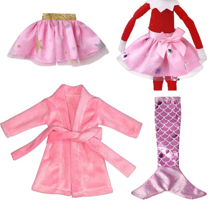 4Pcs/Set=Skirts + Pajamas Elf on Shelf Accessories Pink Series Mermaid Tail Plush Coat for Christmas Elfs Doll Toys Accessories