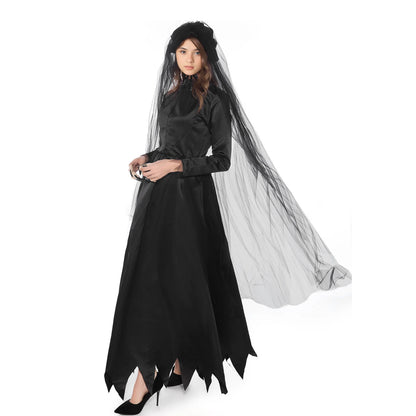 Vintage Gothic Women Halloween Witch Costume with Headwear Hat Veil Vampire Bride Ladies Long Sleeve Dress Horror Party Clothing