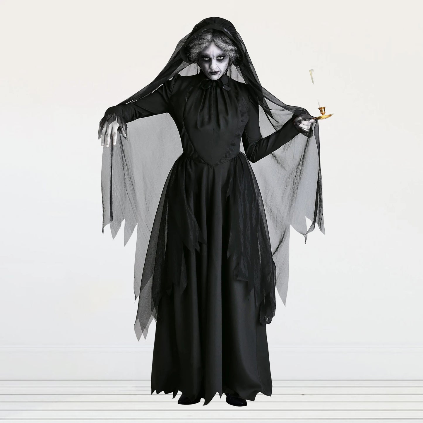 Vintage Gothic Women Halloween Witch Costume with Headwear Hat Veil Vampire Bride Ladies Long Sleeve Dress Horror Party Clothing