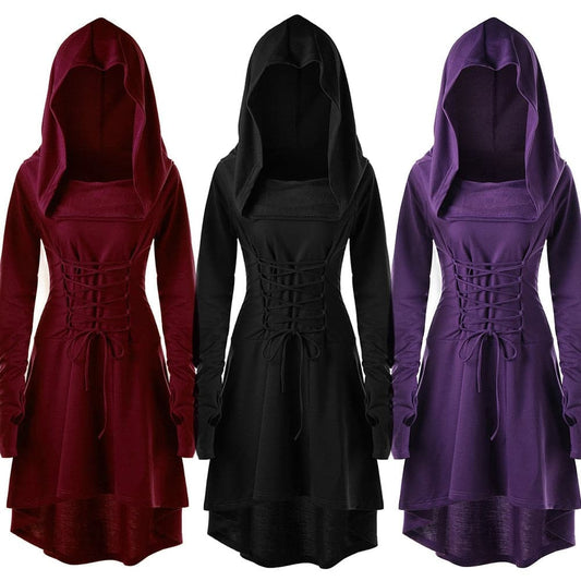 Womens Long Sleeve Lace-up Cloak Cape Gothic Dresses Solid Colors Vintage Medieval Hooded Party Witch Dress Halloween Costume