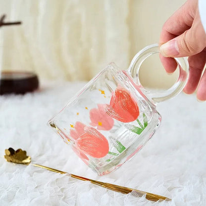 Adorable Tulip Printed Glass Mug - High-Value Ins Style Amber Glass Mug