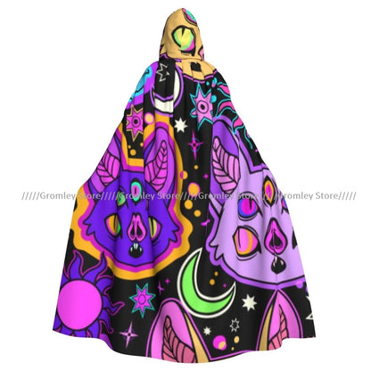 Unisex Halloween Cloak Funny Psychedelic Bats Cape Hooded Medieval Costume Witch Wicca Vampire