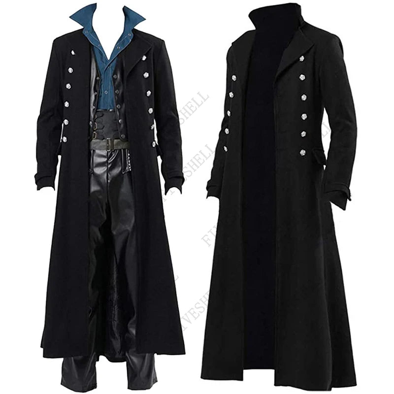 Men Vintage Medieval Costumes Steampunk Gothic Black Long Jacket Coat Vampire Cosplay Pirate Halloween Outfit Men's Trenchcoat