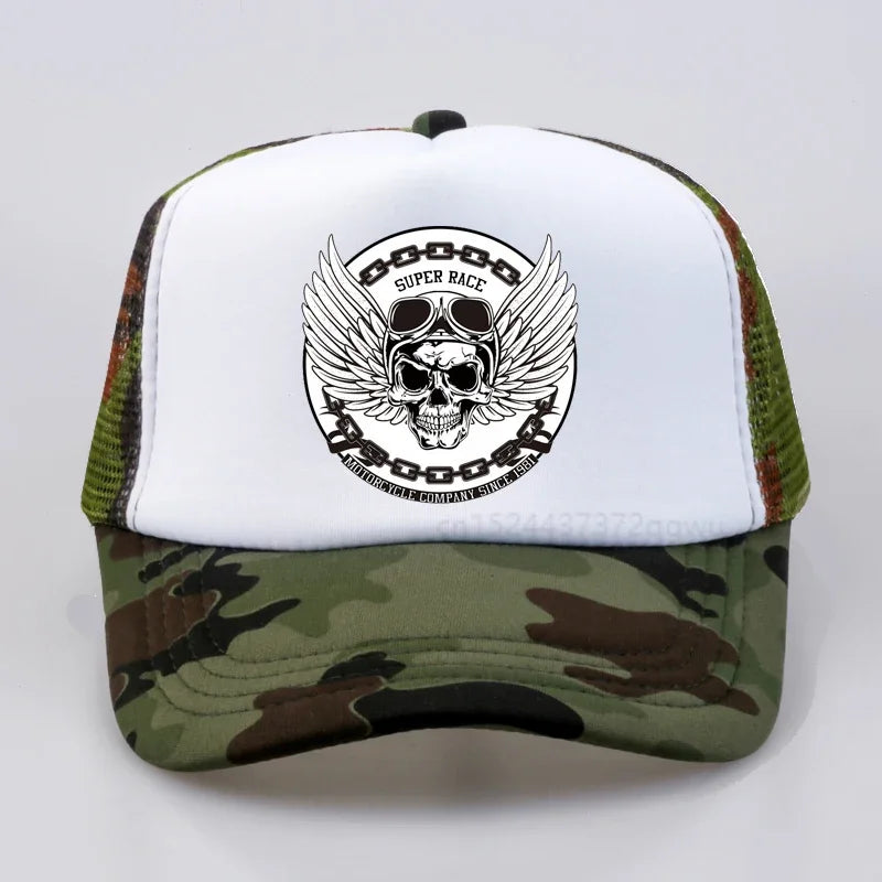 SUPER RACE Motorcycle men Baseball cap Punk Skull Moto Racing car Dad hat Summer Off-road racing mesh Breathable hat snapback