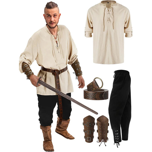 Jiuguva 4 Pcs Halloween Men's Renaissance Costume Set Medieval Pirate Shirt Ankle Banded Pants Viking Belt Accessories