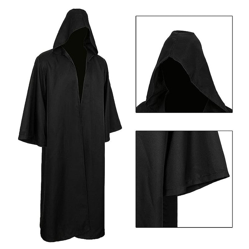 Sorcerer Long Shirt Hooded Black Robe Costume Halloween Cloak Cosplay Costume Wizard Tunic Hooded Robe Adults and Children