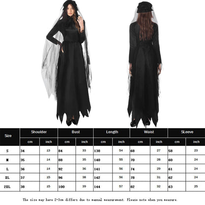 Vintage Gothic Women Halloween Witch Costume with Headwear Hat Veil Vampire Bride Ladies Long Sleeve Dress Horror Party Clothing