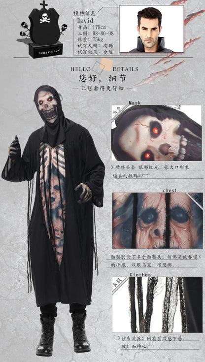 Men Halloween Necromancer Costumes Adult Azrael Evil Skeleton Robe Cosplay Carnival Purim Parade Nightclub Role Play Party Dress