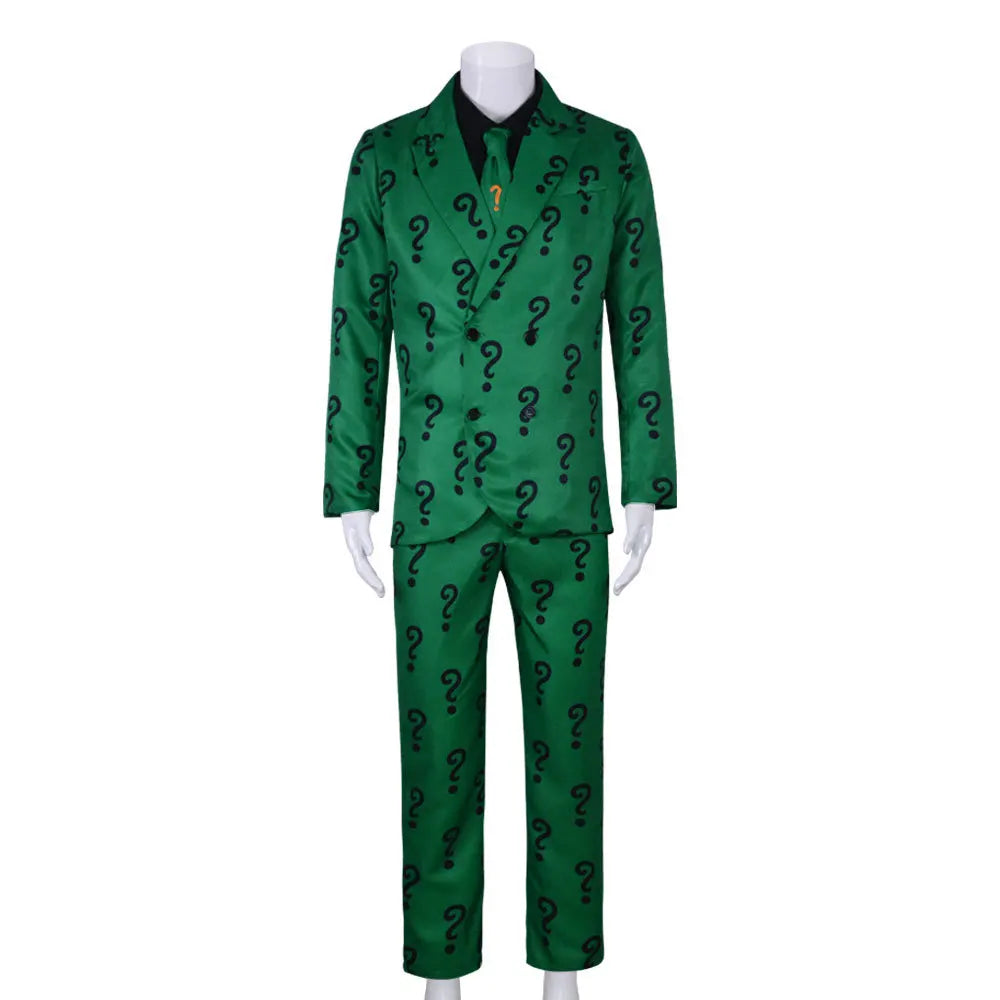 Men Riddler Cosplay Fantasy Movie Super Villain Costume Disguise Adult Boys Roleplay Fantasia Outfits Halloween Male Suits