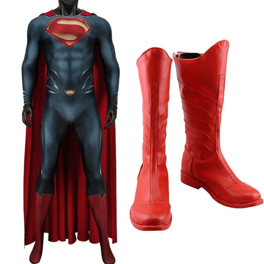 Adult Men Halloween Costume Role Playing Printed Bodysuit With Cape Steel Superhero Clark Cosplay Red Boots