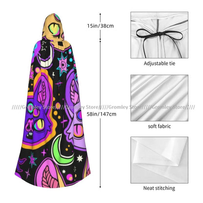 Unisex Halloween Cloak Funny Psychedelic Bats Cape Hooded Medieval Costume Witch Wicca Vampire