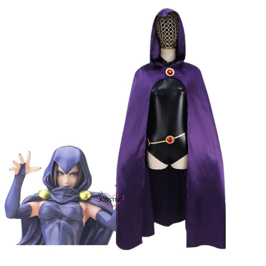 New Teen Titans Super Hero Raven Cosplay Costume Women Black Bodysuit Purple Hooded Cloak Jumpsuits Halloween Party Costume