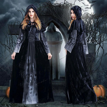 Vintage Gothic Women Halloween Witch Costume with Headwear Hat Veil Vampire Bride Ladies Long Sleeve Dress Horror Party Clothing