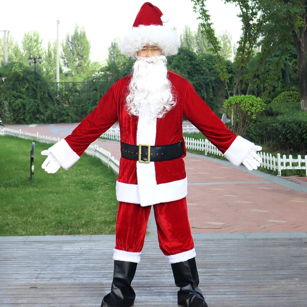 Adult Santa Claus Classic Velvet Cosplay Costume Christmas Red Deluxe Fancy Clothes High Quality Set New Year Party