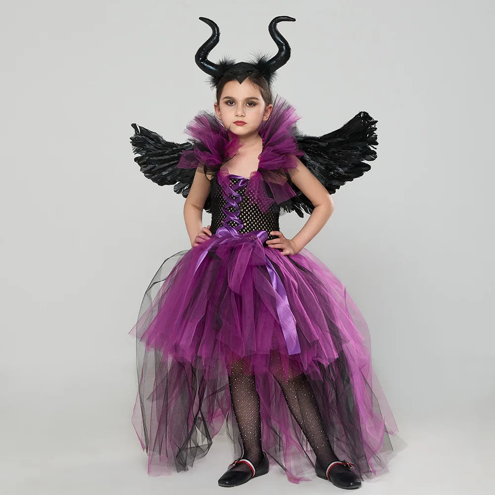 Maleficent Costume Deluxe Girls Halloween Carnival Party Black Trailing Mesh Dress Kids Cosplay Demon Queen Witch Clothes