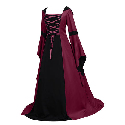 Medieval Dresses For Women Renaissance Trumpet Sleeve Lace Up Dresses Halloween Costume Vintage Cosplay Outfit Witch Dress