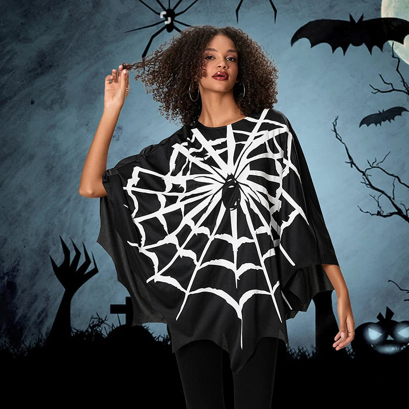 Adults Spider Web Print Cape Funny Halloween Costumes Party Cosplay Poncho Tops Clothes for Unisex Women Men