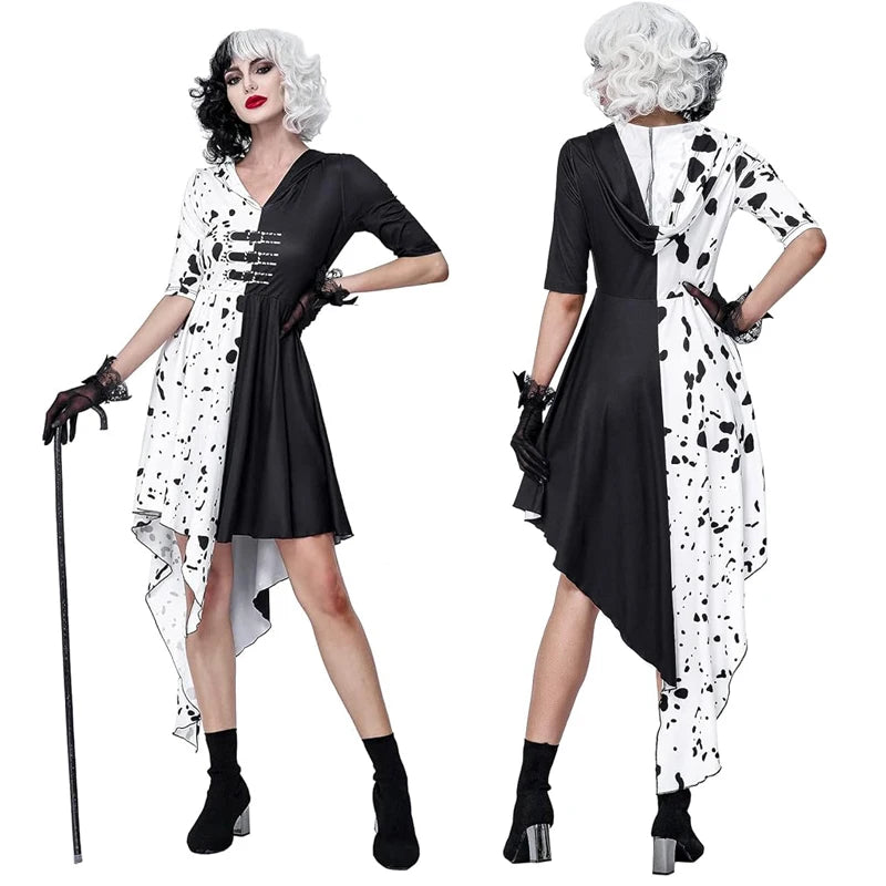 Adults Black White Witch Deville Cosplay Costume Dress for Women with Glove Halloween Party Cos Suits