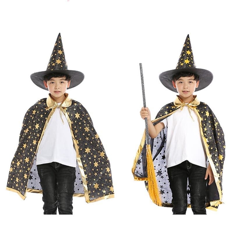2pcs Kids Children Halloween Witch Hats+Cape Masquerade Wizard Hat Cosplay Costume Halloween Party Fancy Dress Decor