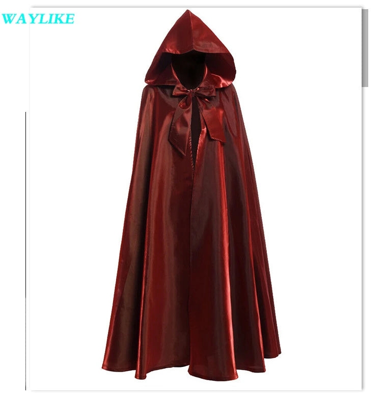 Halloween Witch Wizard Cosplay Costume Hood Cloak Adult Kids Satin Medieval Cape Shawl Vampire Devil Cosplay Clothing Long Robe