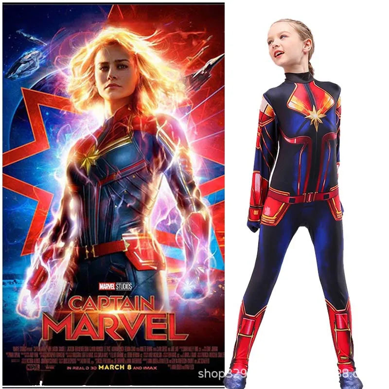 Superhero Captain Marvel Cosplay Costume Movie The Avengers Cosplay Bodysuit Jumpsuit Halloween Costume for Kids Adult