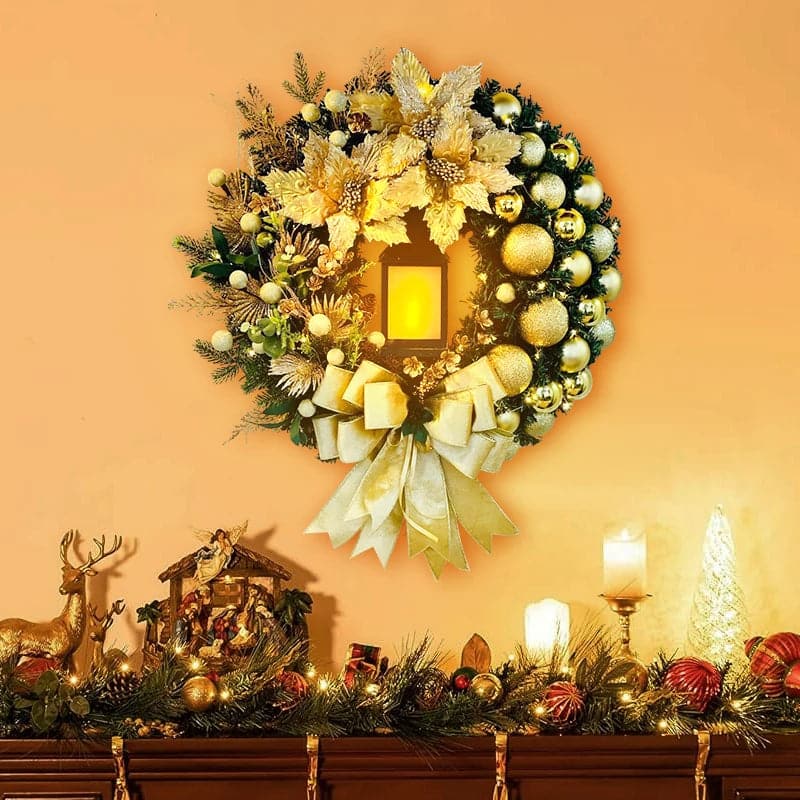 Christmas Wreath With Lamp Front Door Red Flower Bow Ball Wreath Navidad Party Wall Window Fireplace Staircase Garden Decoration
