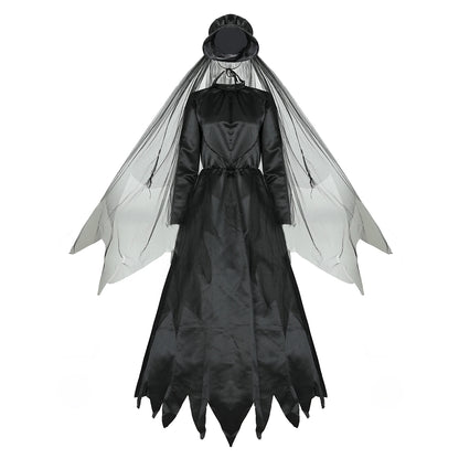 Vintage Gothic Women Halloween Witch Costume with Headwear Hat Veil Vampire Bride Ladies Long Sleeve Dress Horror Party Clothing