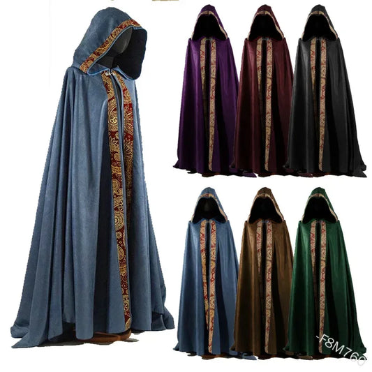 Medieval Halloween Cosplay Cloak Hooded Coat Vintage Gothic Cape Coat Long Trench Halloween Cosplay Costume Wizard Cloak