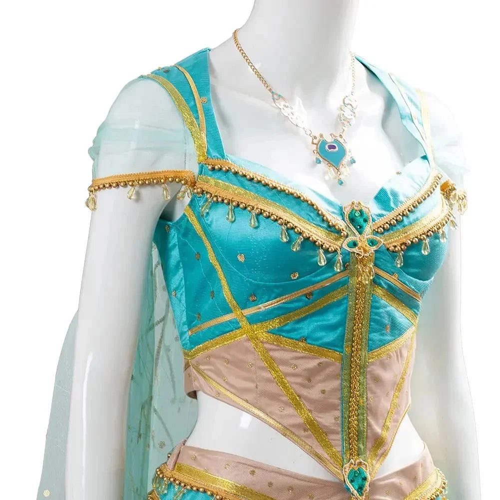 The Movie Aladdin Cosplay Princess Cosplay Jasmine Naomi Scott Green Blue Dress Costume Adult Women Female Halloween Carnival